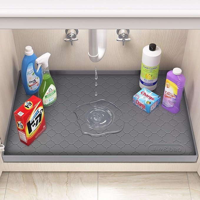 Jin&Bao Under Sink Mat 22" x 19" Waterproof Silicone Cabinet Kitchen Liner | Silicone kitchen cabinet protector, bathroom shelf liner, raised edge traps leaks, anti-slip, easy to clean & dishwasher safe