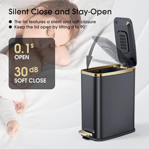 CEROELDA Small Bathroom Trash Can with Lid Soft Close-5L/1.3 Gal Slim Garbage Can-Metal Step Wastebasket-Rectangle Narrow Waste Bin for Office, Bedroom, Toilet, Live Room (Black)