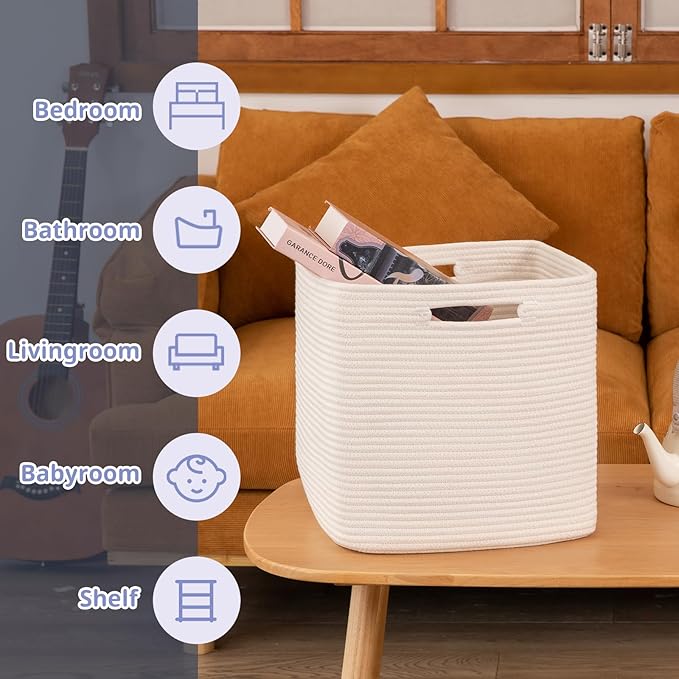 OIAHOMY 3 PACK Cube Storage Bin 13 Inch Collapsible Storage Cube White | Cube Storage Organizer Storage Bins for Shelves Baskets for Organizing Woven Rope Storage Baskets
