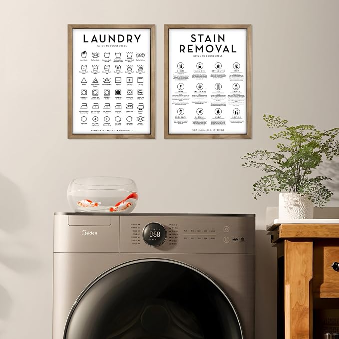 2 Piece Laundry Room Signs Pictures Wall Decor, 15.7×11.8 Inch Wooden Laundry Care Symbols Chart Wall Art, Stain Removal Wash Guide Print Rustic Farmhouse Decorations for Home Accessories