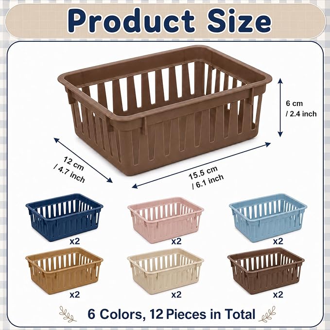 gisgfim 12 Pack Classroom Small Plastic Baskets for Organizing Mini Pencil Crayon Storage Bins Classroom Container Boxes for School Teacher Supplies Home Office Desk 6.1" L X 4.7" W X 2.4" H (Retro)