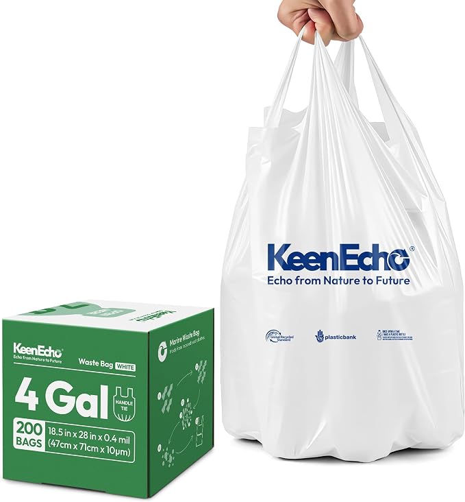 Small Trash Bags with Handles - Ocean Plastic Upcycling - Plastic Garbage Bags, Can Bin & Waste Basket Liner for Kitchen, Bathroom, Office and Pets,4 Gallon 200 Count White