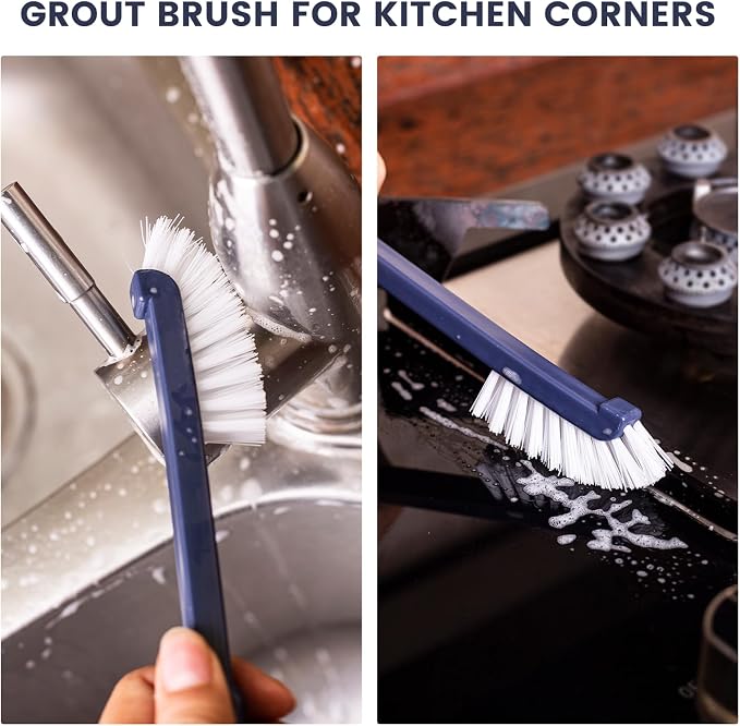 Dish Brush 2 Pack Dish Scrub Brush and 2 Pack Grout Brush | Kitchen Brushes for Dishes,Pots, Pans and Sinks Dish Brush with Handle Built-in Scraper