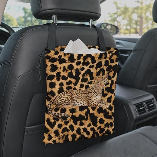 Modern Fashion Cheetah Car Garbage Bag Canvas Trash Can | Funky Leopard Print Drawstring Car Trash Bag Hanging for Back Seat with Adjustable Buckle