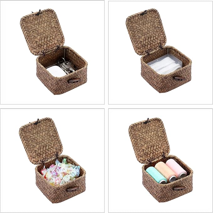 Hipiwe Mini Seagrass Basket Box Wicker Shelf Baskets with Lid, 3.5"x3.5"x2" | Small Handwoven Decorative Box, Natural Storage Basket for Organizing Key Candy, Home Decor