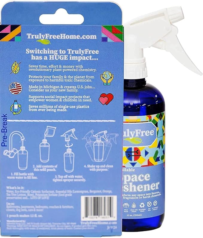 Truly Free Space Freshener Starter Kit - Lemongrass - 12oz + 1 Fill, 3oz | Car and Air Fresheners for Home, Natural Odor Eliminator Room Spray, No Synthetic Fragrances