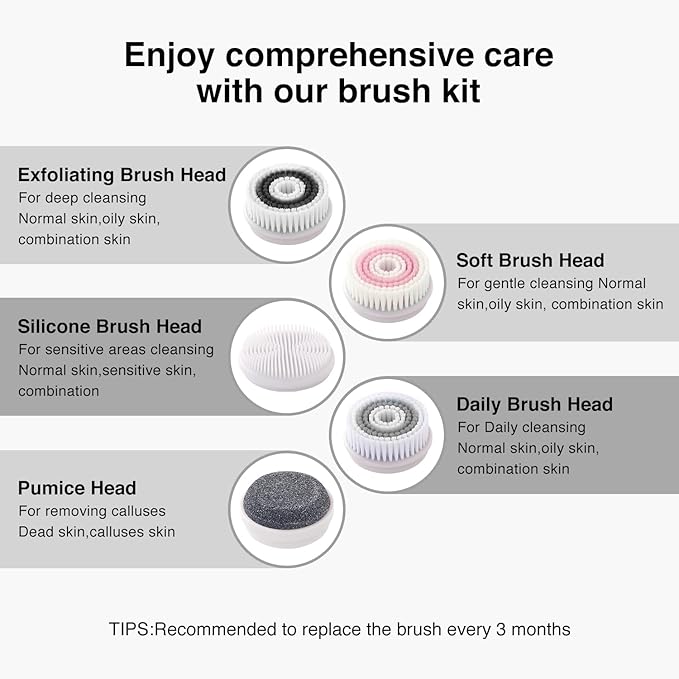 UMICKOO Rechargeable Rotating Face Scrubber with 5 Brush Heads Set | IPX7 Waterproof for Shower，2-Way Rotating Face brush for Daily & Deep Cleaning, lasts for 30 days after charging