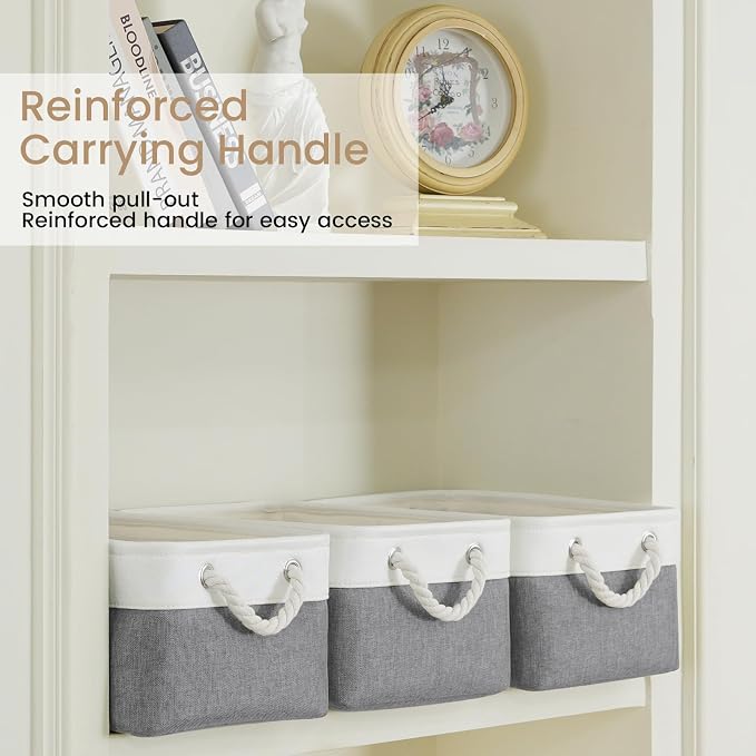 13.8x9.8x6.7 Inch Fabric Small Storage Bins with Handles 6 Pack | Foldable Storage Basket, Sturdy Metal Strand, Cardboard Support Molding, Small Baskets for Organizing, Shelves, White/Gray