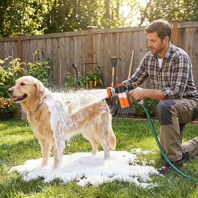 8-in-1 Dog Washing Hose Attachment with Soap Dispenser for Pets | 3.5oz Integrated Foam Water Design, Multi-scene Household Indoor& Outdoor Tool, Labor-saving Ergonomic Handheld Grip