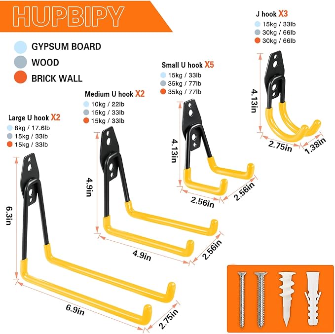 HUPBIPY 12 Pack Garage Hooks Heavy Duty, Wall Mount Ladder Hooks | Storage Organizer With a non-slip coating for Hanging Bicycles Garden Tools Ladders Hoses Ropes and Loose Items(Yellow)