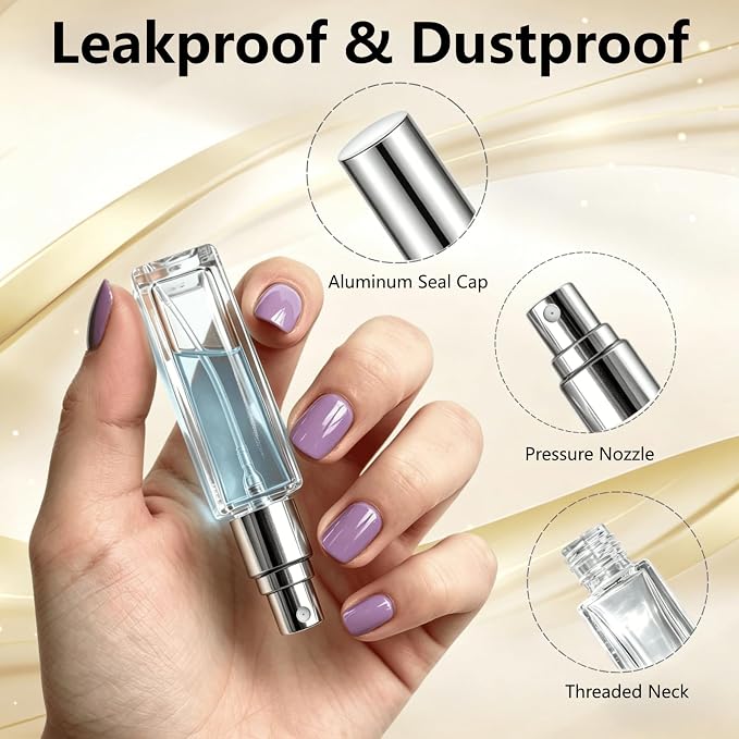 Perfume Travel Refillable, 6 Pcs 10 ml Glass Atomizers (Silver) | Leak-resistant fine mist spray, mini perfume bottle set with filling tools, portable for travel, gym, office and daily use
