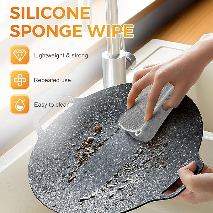 Silicone Dish Scrubber, 3 in 1 Dual Sided Kitchen Scrub Brush, Food Grade Silicone Sponge, Reusable Fast Dry Dishwasher Safe Pad for Dishes, Pots, Fruits, Veggies, Household Surfaces (1, Gray)