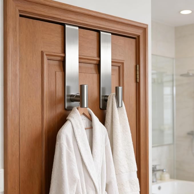 PMMASTO Door Hooks for 1-3/4 Inch Doors, Silver- 2 Pack, T Shape | Stainless Steel Door Hooks Organize Coats Towels Robes in Bathrooms Bedrooms Closets