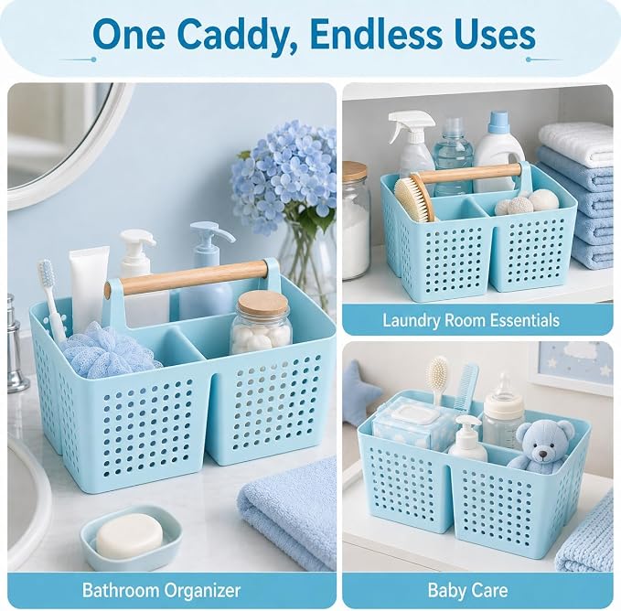 Portable Shower Caddy Basket with 3 Compartments and Handle, Light Blue | Plastic Divided Toiletry Organizer for Bathrooms, Guest Rooms, Spa Areas, Skincare, Pools, Vanities and Dorms