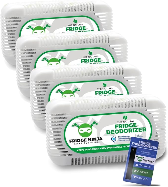 Fridge Ninja Fridge Deodorizer, More Effective Than Baking Soda, 4 Pack | Natural & Unscented Activated Charcoal Refrigerator Deodorizer & Odor Eliminator for Freezers, Coolers, & Lunch Boxes