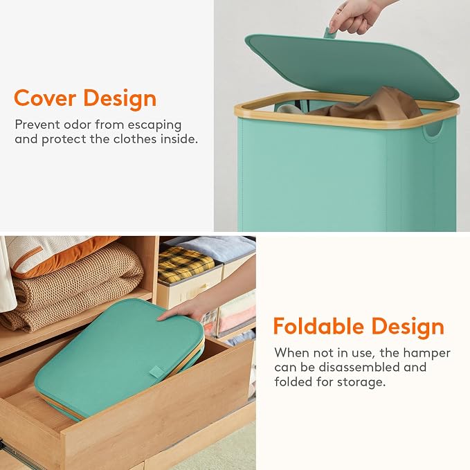 Lifewit 105L Laundry Basket with Lid, Clothes Hampers for Laundry with Bamboo Handles and 1 Removable Bag, Large Foldable Laundry Hamper for Bedroom, Bathroom, Dorm, Laundry Room, Sage Green