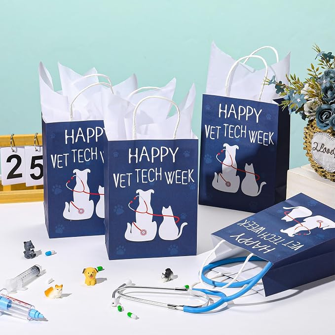 TaoBary 12 Sets Vet Tech Week Gift Veterinary Technician Paper Gift Bag | with Tissue Paper, Veterinarian Treat Bags with Handles, Vet Tech Appreciation Accessories for Assistant Pet Lover