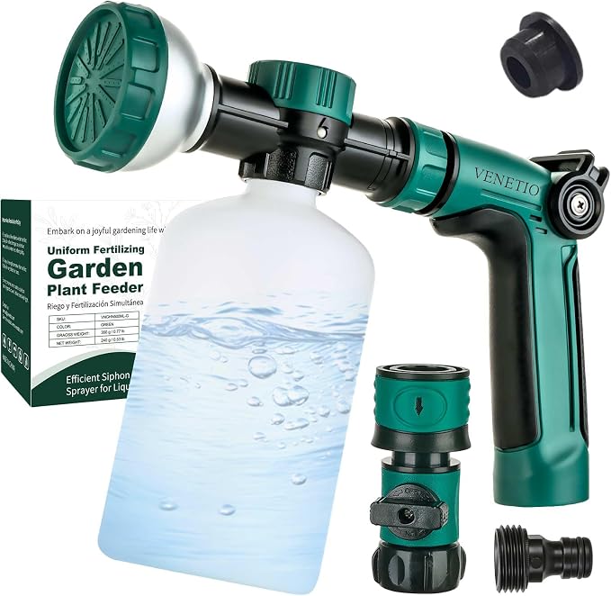 VENETIO 8-Dial Lawn & Garden Sprayer with Quick Connect - 16oz Liquid Fertilizer Dispenser for Uniform Watering & Feeding Plants, Hose Nozzle Spray Gun with Soap Bottle for Dog Washing, Car Cleaning
