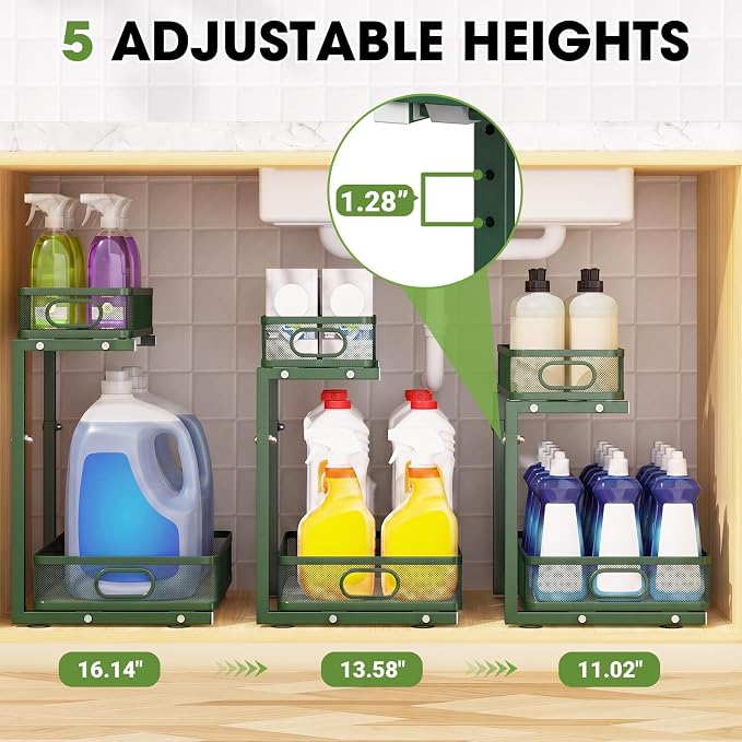 Under Sink Organizer, 2-Tier Pull-Out Cabinet Storage Shelf, Dark Green | Under Kitchen Sink Organizer, 5 Height Adjustable, Sliding Mesh Drawers for Bathroom Pantry Laundry Organization Rack
