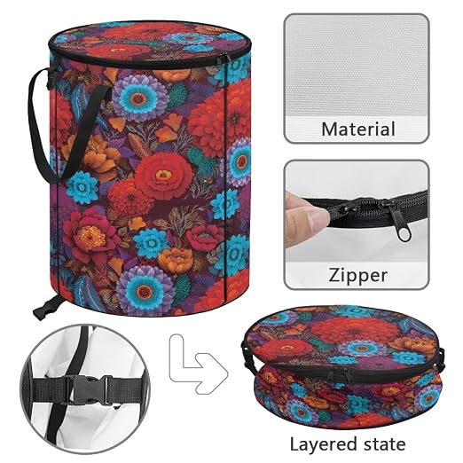 BIGCARJOB Hippie Floral Outdoor Trash Can Storage Collapsible Pop-up Recycle Trash Can 22.83x17.71 Waterproof Garbage Bin Bag with Lid and Clip