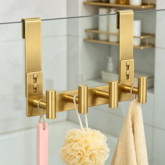 PMMASTO No-Drill Extra Long Shower Hooks, Fits 3/8" Thick Door, Heavy Duty Stainless Steel Towel Hooks for Frameless Glass Shower Door, Holds Bathrobe Towel (Gold, 4 T-Hooks)