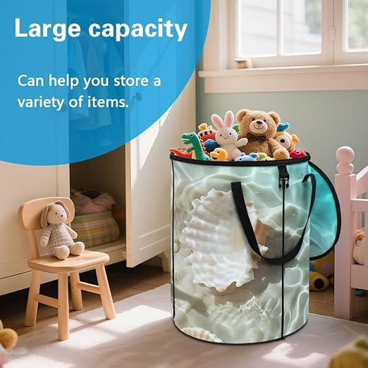 doginthehole Seaside Starfish Shells Trash Cans for Bathroom with Lid Decorative Collapsible Garbage Can Bags Waterproof Lightweight Outdoor Waste Bin for RV's Camping Picnic Beach Easy to Storage