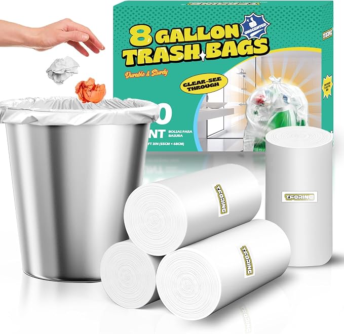 Medium 8 Gallon Trash Bags Unscented, 0.94 Mil, Clear, 120 Count | 30 Liter Garbage Bag, Plastic Waste Basket Can Liners, Thick, Leakproof, Tear Resistant, for Bathroom Office Kitchen Bulk