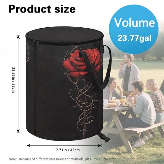 BIGCARJOB Red Rose Large Trash Can with Lids, Camping Trash Can Collapsible Garbage Cans Water Resistant Garbage Bin Storage for Outside, 22.83x17.71 in