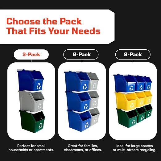 Multi Bin 6 Gallon Stackable Recycle Bins, Trash Can Kitchen Recycling Set | Recycling containers stackable design that saves floor space, while open-front bins with ergonomic handles ensure quick