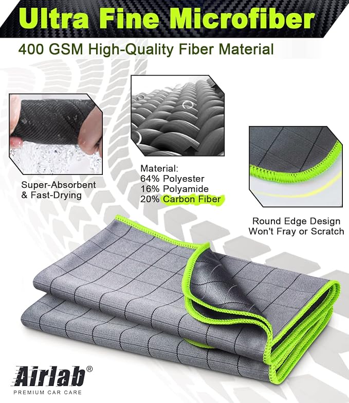 Airlab Microfiber Towels Cars Wash Drying Cleaning Cloth, Grey-Green | Carbon Fiber Detailing Glass Window Polishing Lint Free, Streak Free, 20" x 16", Pack of 2