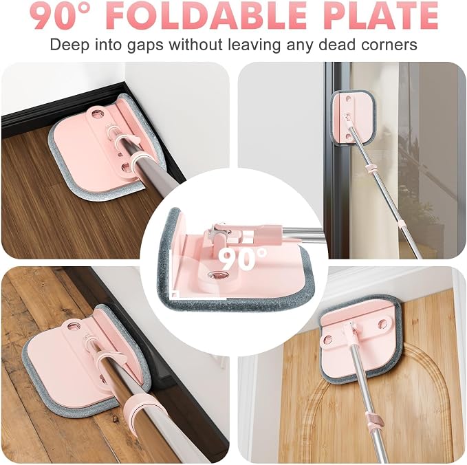 Spin Mop and Bucket System Kit, Self-Separating Cleaning Soil, Foldable Square Mop Bucket Head with Washable Interchangeable Mop Pads, Pink (Mop Set with 6PC Pads)
