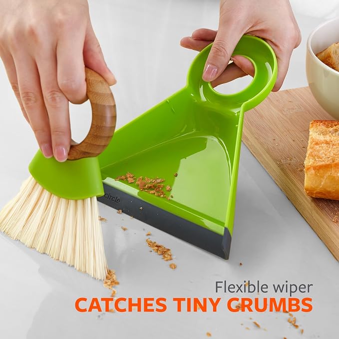 Full Circle Tiny Team Mini Brush & Dustpan Set - Green | Compact and perfect for quick countertop cleanups in the kitchen, on desks, or anywhere crumbs collect.
