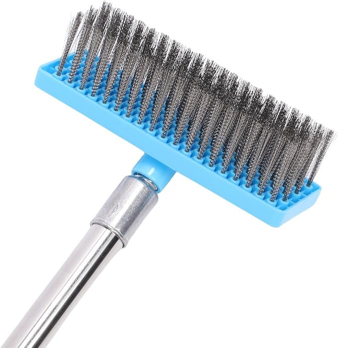 FTVOGUE Telescopic Wire Broom, Heavy Duty Moss Grime Scrubbing Brush for Patio Deck Stainless Steel PP 20cm Brush Head 120cm Length 3 Section Handle Outdoor Cleaner