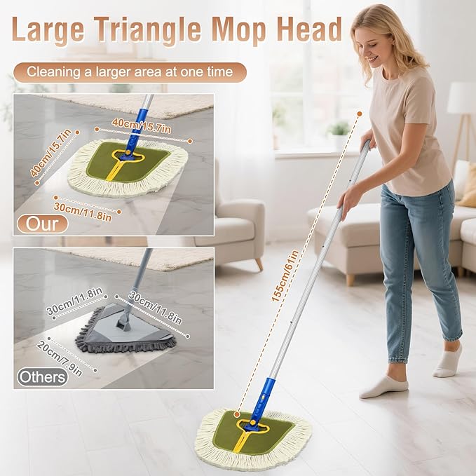 SOBONNE Commercial Dust Mop for Floors Cleaning Heavy Duty | 61"Long Handle Floor Duster|2 Washable Wedge Cotton Mop Pads|Dry Mop Broom for Walls Cleaner,Hardwood,Tile,Vinyl|Green