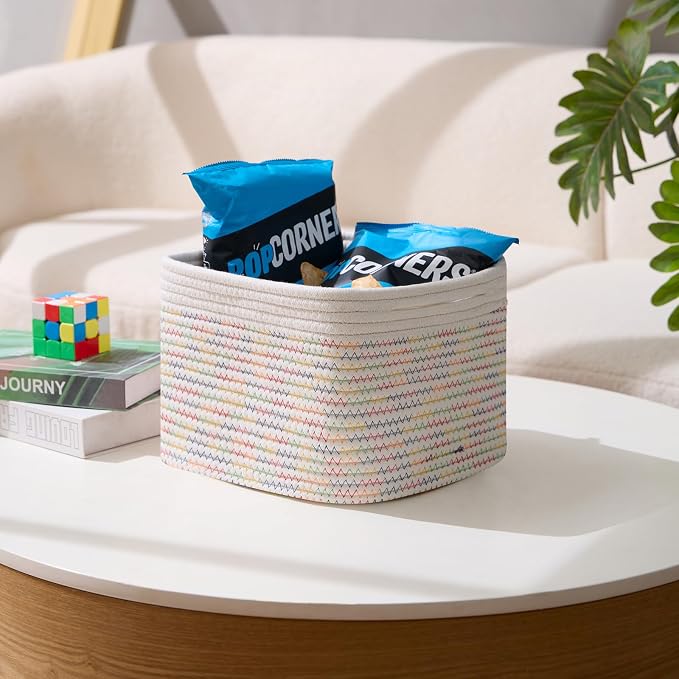 MiniArk Small Organizing Baskets for Cubes Shelf, 9.7x9.7x7.1 Inch Rope Woven Storage Bins for Nursery Shelves Storage, Cute Toy Basket, Square 3 Packs Off White Rainbow