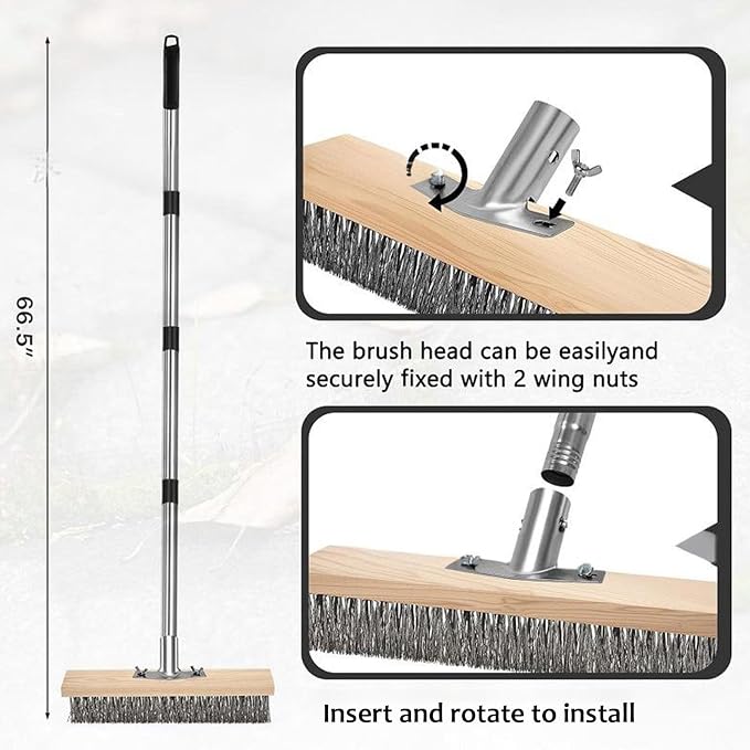 Heavy Duty Stainless Steel Deck Brush with Long Handle, Concrete Floor Scrubber Moss Remover Wire Broom for Patio, Deck, Garage, Outdoor Cleaning (30cm / 11.8in)