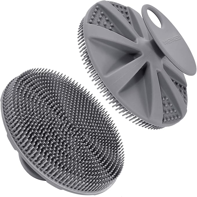 INNERNEED Food-Grade Soft Silicone Body Scrubber Shower Brush, Gray | Handheld Cleansing Skin Brush, Gentle Exfoliating and Lather Well, Hygienic Bath Scrub for Women, Men