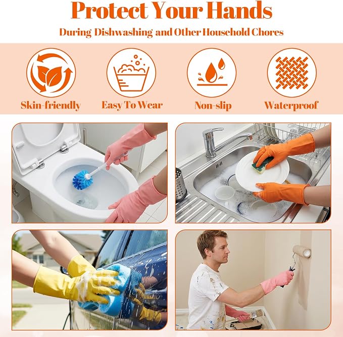 12 Pairs Kitchen Gloves for Washing Dishes, Rubber Cleaning Gloves for Dishwashing, Household Washing Dishes Cleaning Gardening, Non-Slip Dishwashing Gloves Reusable for Women Men, 3 Colors