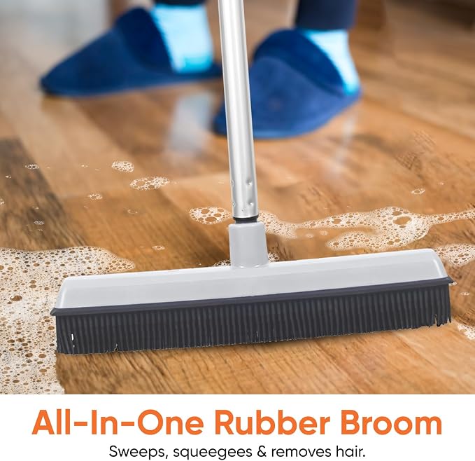 Rubber Bristle Broom for Hardwood Floors, Tiles, Carpets, Wood, and Vinyl Salon Broom, Squeegee, Rug, Rubber Rake for Human Hair, Pet Hair, Fur, Lint, Liquid, Grey, by Superio