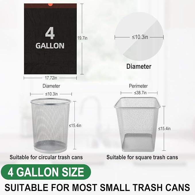 4 Gallon Small Trash Bags Black, Drawstring Garbage Bags, Pre-separated Trash Bin Liners for Bathroom, Bedroom, Office, Kitchen (100 Count, Black)