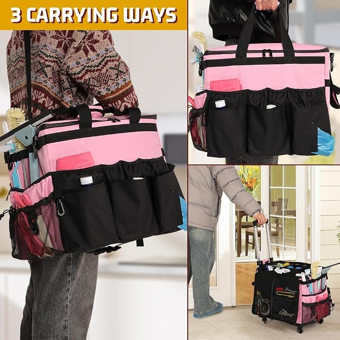 Large Rolling Cleaning Caddy with Cleaning Caddy Apron, Pink | Cleaning Caddy Bag with Detachable Trolley, Handles and Shoulder Strap, Cleaning Supplies Organizer for Cleaners Housekeepers