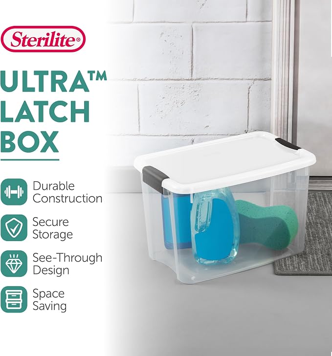 Sterilite Ultra Latch Box with Lids for Home and Office, 30 Quart, 6-Pack | Heavy-Duty and Stackable Plastic Containers with Latches for Closet, Cabinet, Bedroom, Bathroom and Dorm Room Organization