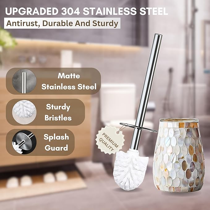 Escenzy Natural Shell Toilet Brush and Holder Set – Handcrafted Mother of Pearl Mosaic Glass Holder, 304 Rust-Resistant Stainless Steel Toilet Bowl Brush – Decorative Luxury Coastal Bathroom Accessory