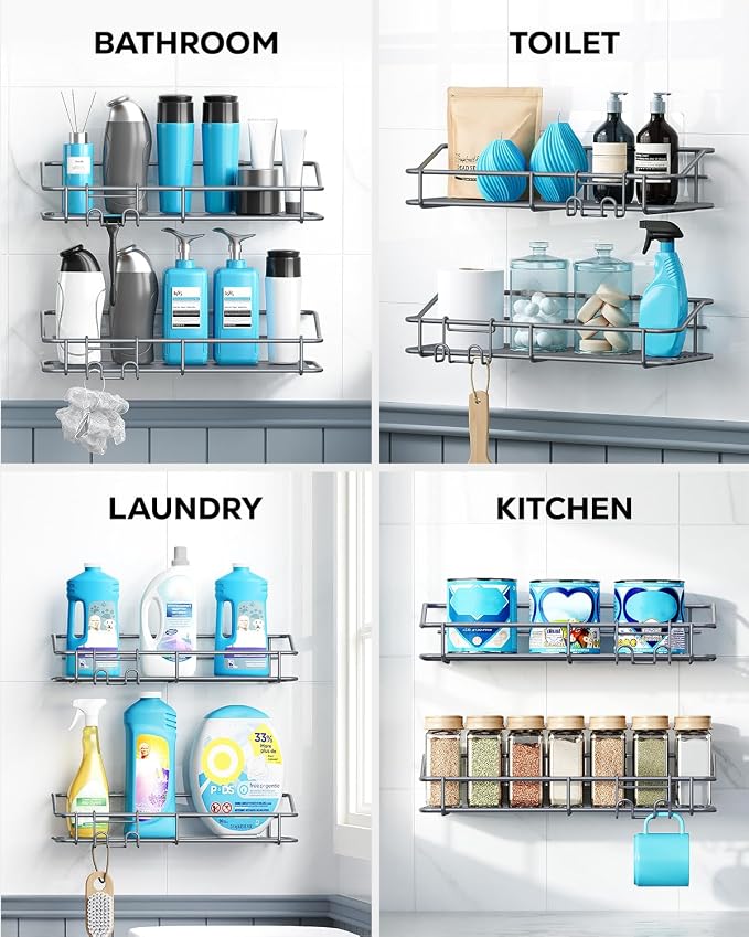 Nieifi Shower Caddy Adhesive, Shower Shelves, Shampoo Holder for Bathroom | Stainless steel, 2 pack, shower rack, shower organization, with hooks, rustproof, no drilling, razor holder, gray