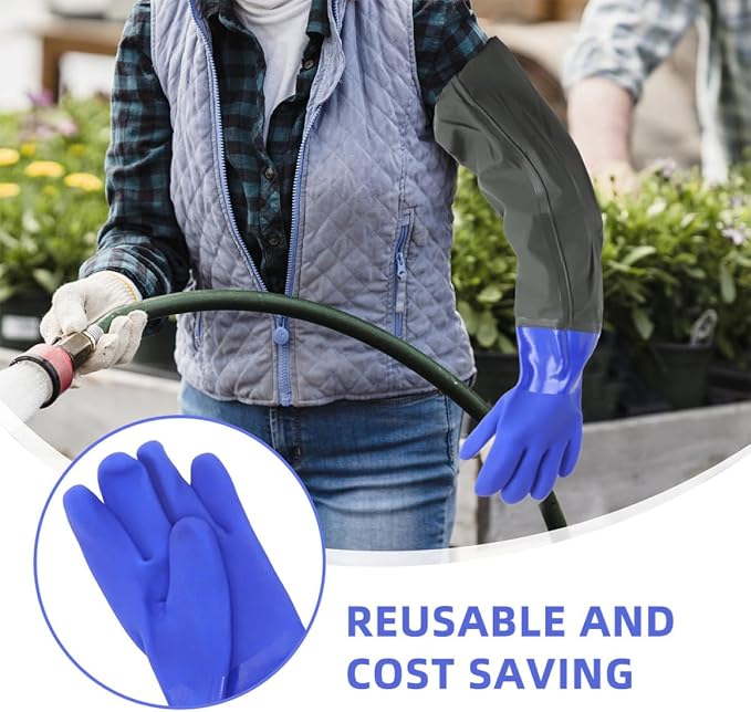 Waterproof Long Arm Rubber Gloves with Elbow-length Cuff, Blue Matte Finish, Reusable Protective Gloves for Kitchen Cleaning and Dishwashing, 2 Pairs