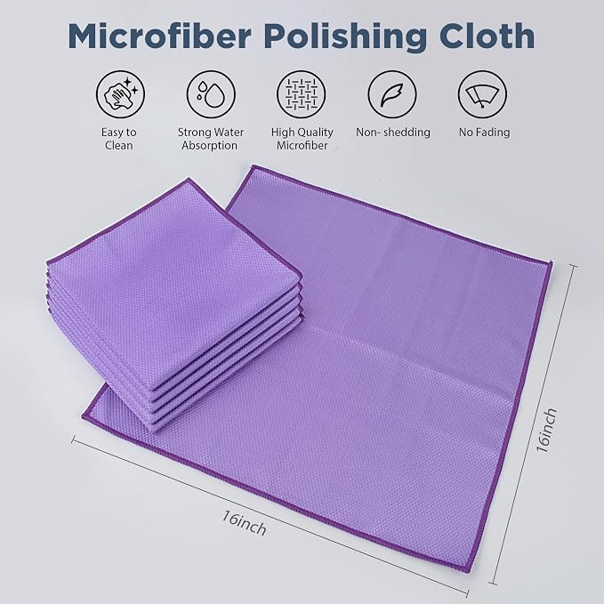 SINLAND Microfiber Glass Polishing Cleaning Cloths, Purple, 16x16In, 6Pk | Fish Scale Cloth, Wipes for Window, Car Windows, Mirrors, Eyeglass, Lens and Stainless Steel, Lint Free, Streak Free