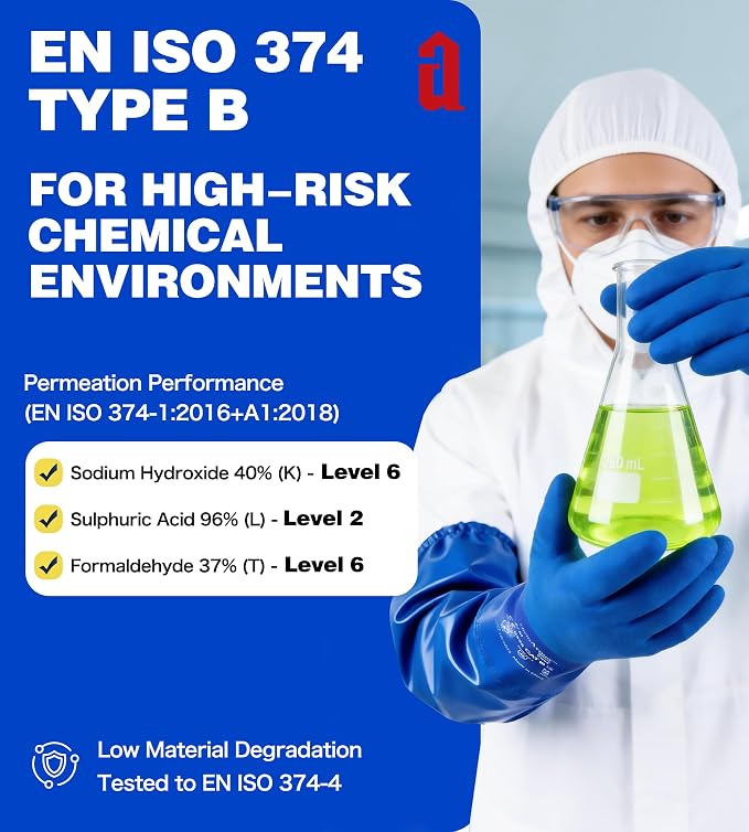 AnTools 25" Heavy-Duty PVC Chemical Gloves, Waterproof Long-Sleeve Work Gloves with Cotton Liner and Non-Slip Grip, for Lab, Pool Cleaning, Oil, and Industrial Work, Blue, Medium