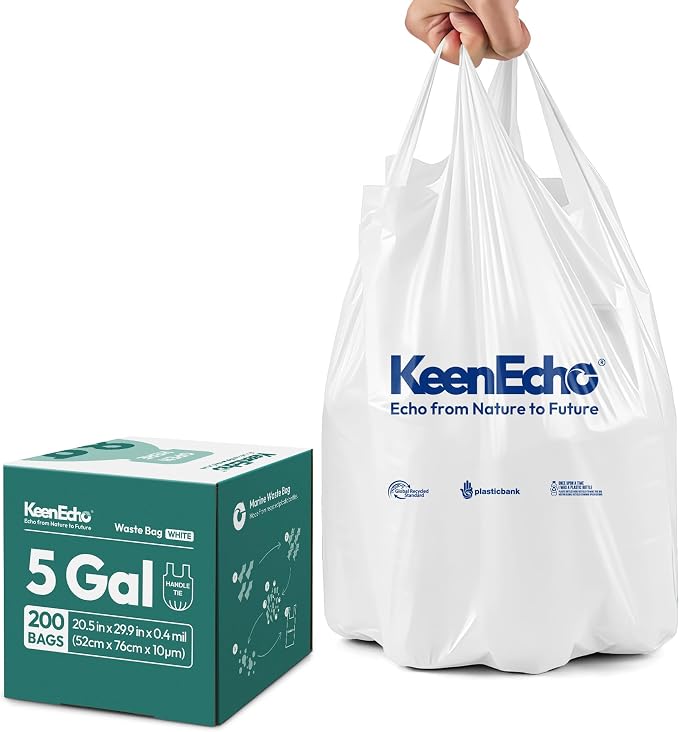 Small Trash Bags with Handles - Ocean Plastic Upcycling - Plastic Garbage Bags, Can Bin & Waste Basket Liner for Kitchen, Bathroom, Office and Pets,5 Gallon 200 Count White