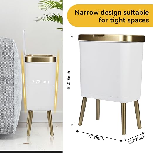Bathroom Trash Can with Lid, 4 Gallon Modern Garbage Can with Removable Legs, Plastic Garbage Bin, Slim White and Gold Trashcans for Bedroom, Living Room, Office, Kitchen
