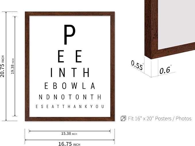 Poster Master 2-Piece Bathroom Sign Print - Eye Chart & Rules Poster - Humorous Guest Bath Decor - Minimal Typography Design - Powder Room Decor - Funny Restroom Sign - 16x20 Brown Framed